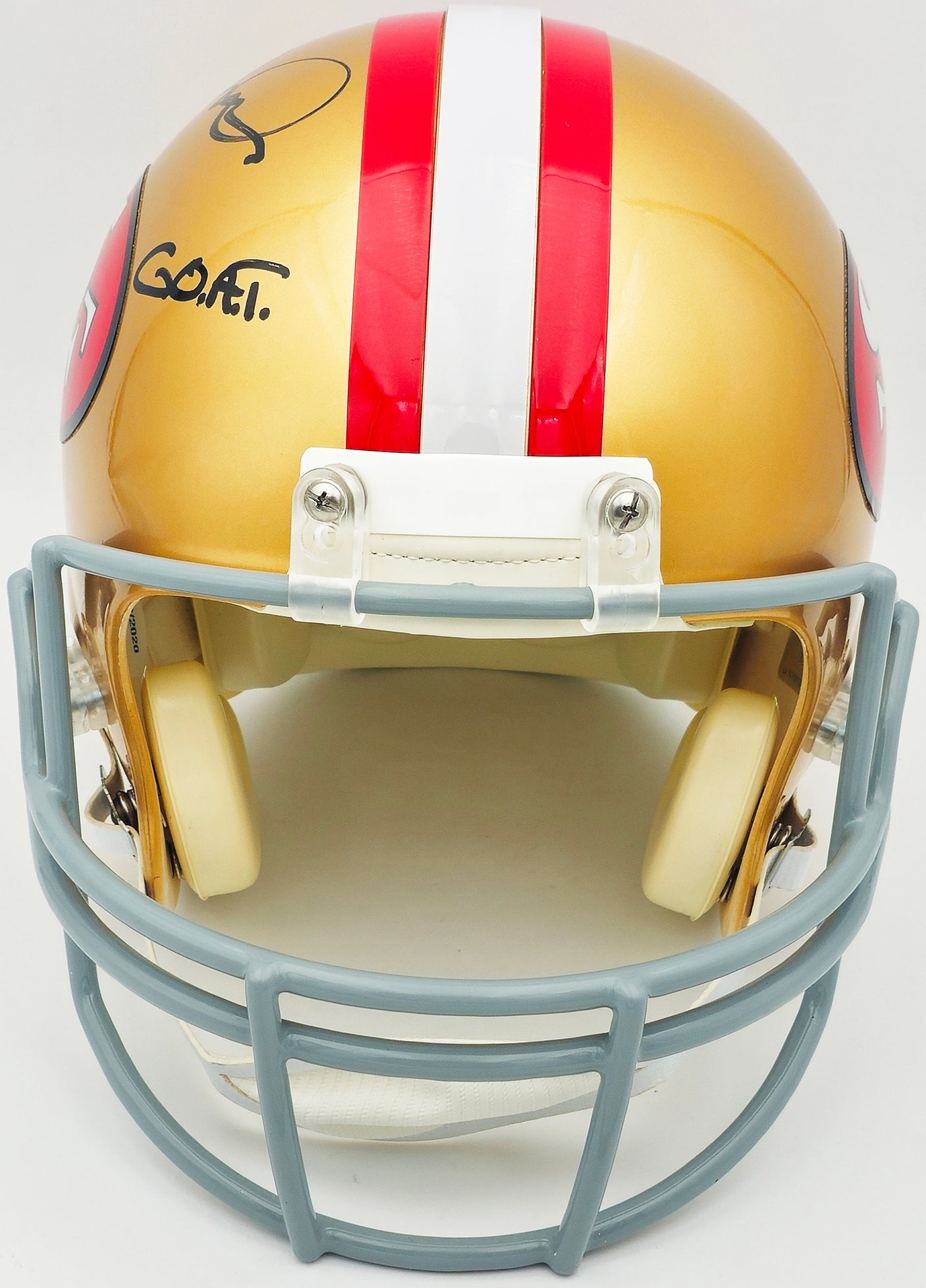 Joe Montana Autographed San Francisco 49ers Gold Full Size Speed Authentic Helmet "G.O.A.T." Beckett BAS QR Stock #232731