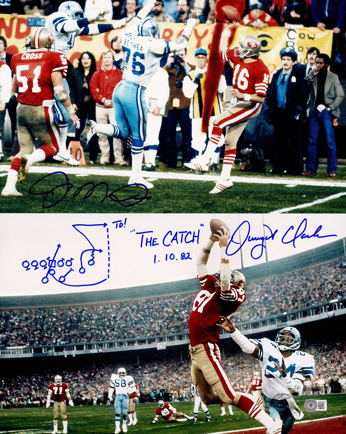 Joe Montana & Dwight Clark Autographed 16x20 Photo San Francisco 49ers "The Catch, Sprint Right Option Play Sketch" Beckett BAS QR Stock #232732