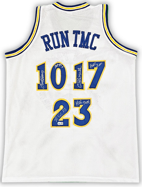 Golden State Warriors Chris Mullin, Tim Hardaway & Mitch Richmond Autographed White Jersey Run TMC "HOF" Beckett BAS Witness Stock #216816