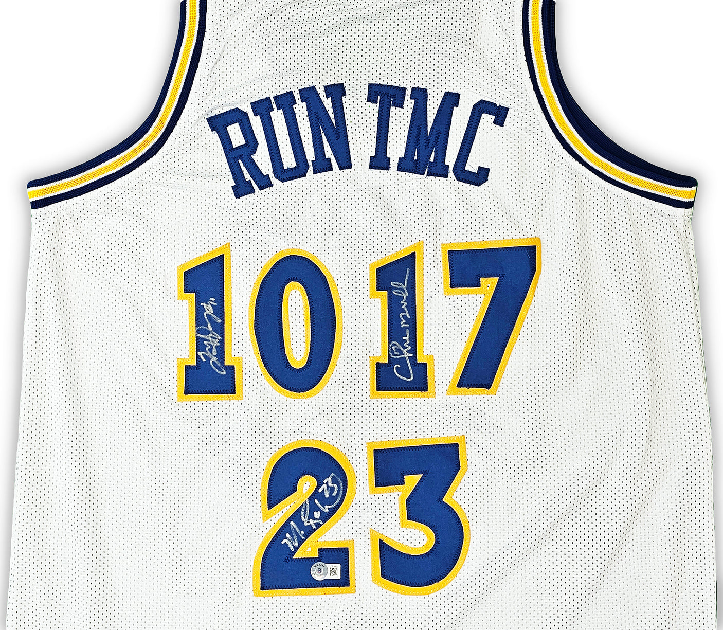 Golden State Warriors Chris Mullin, Tim Hardaway & Mitch Richmond Autographed White Jersey Run TMC Beckett BAS Witness Stock #216817