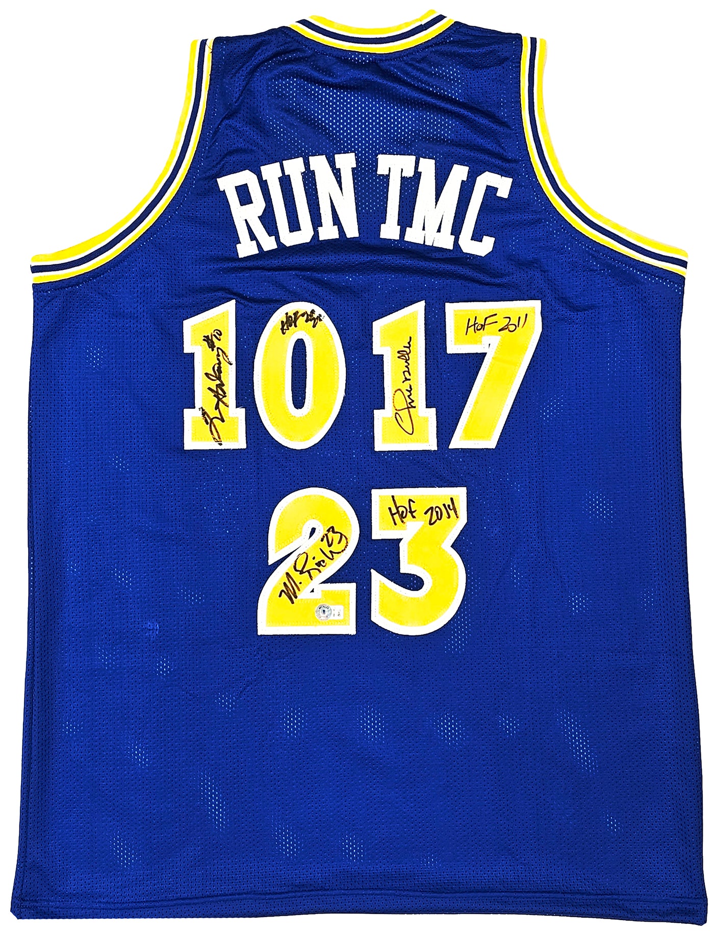 Golden State Warriors Chris Mullin, Tim Hardaway & Mitch Richmond Autographed Blue Jersey Run TMC "HOF" Beckett BAS Witness Stock #216818
