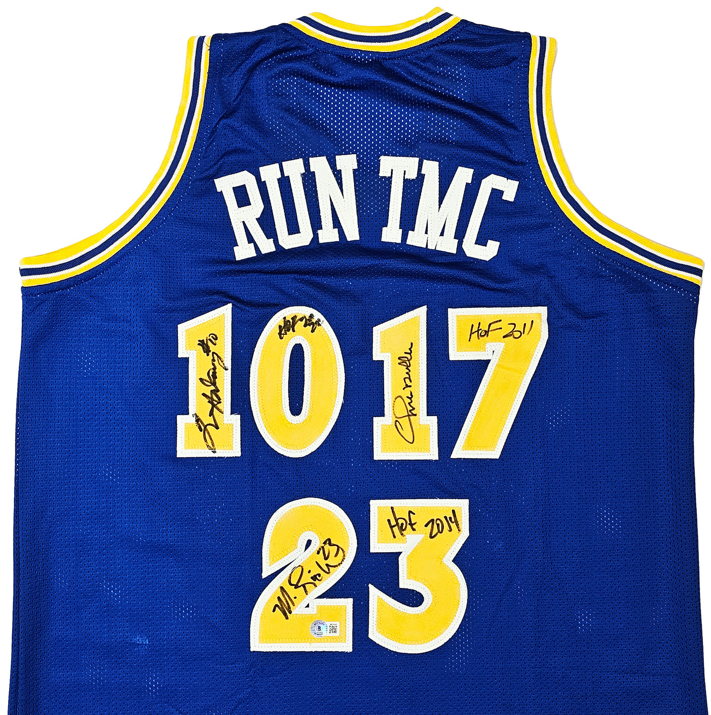 Golden State Warriors Chris Mullin, Tim Hardaway & Mitch Richmond Autographed Blue Jersey Run TMC "HOF" Beckett BAS Witness Stock #216818