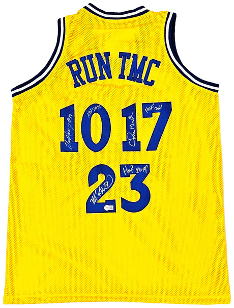 Golden State Warriors Chris Mullin, Tim Hardaway & Mitch Richmond Autographed Yellow Jersey Run TMC "HOF" Beckett BAS Witness Stock #216822