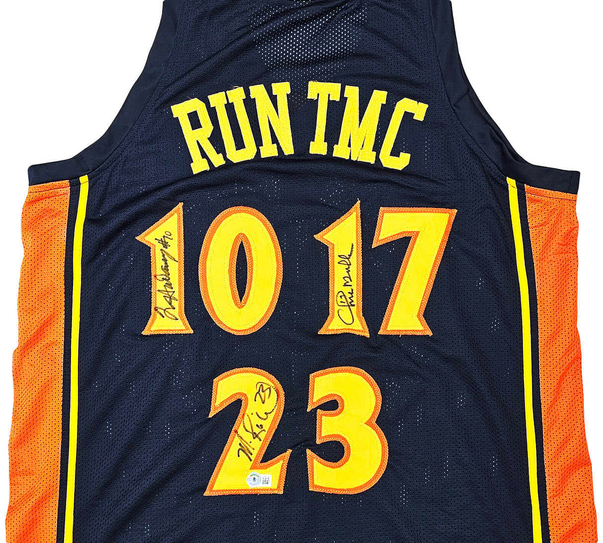 Golden State Warriors Chris Mullin, Tim Hardaway & Mitch Richmond Autographed Dark Blue Jersey Run TMC Beckett BAS Witness Stock #216821