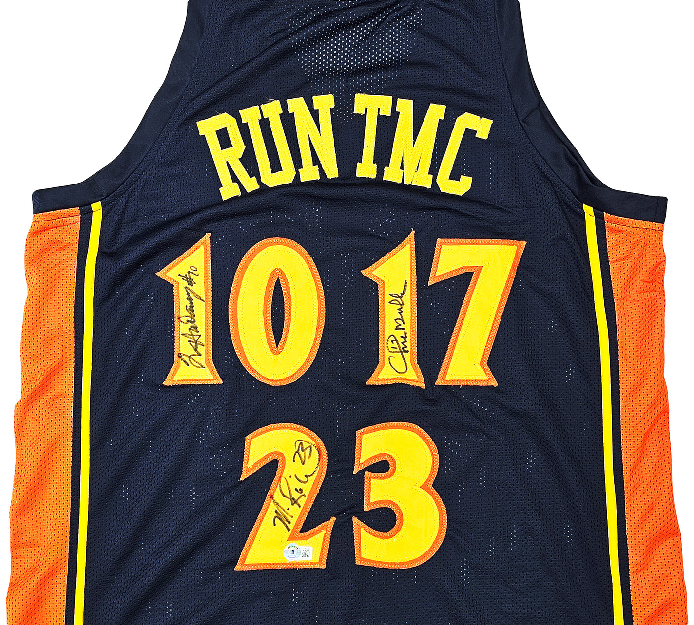 Golden State Warriors Chris Mullin, Tim Hardaway & Mitch Richmond Autographed Dark Blue Jersey Run TMC Beckett BAS Witness Stock #216821