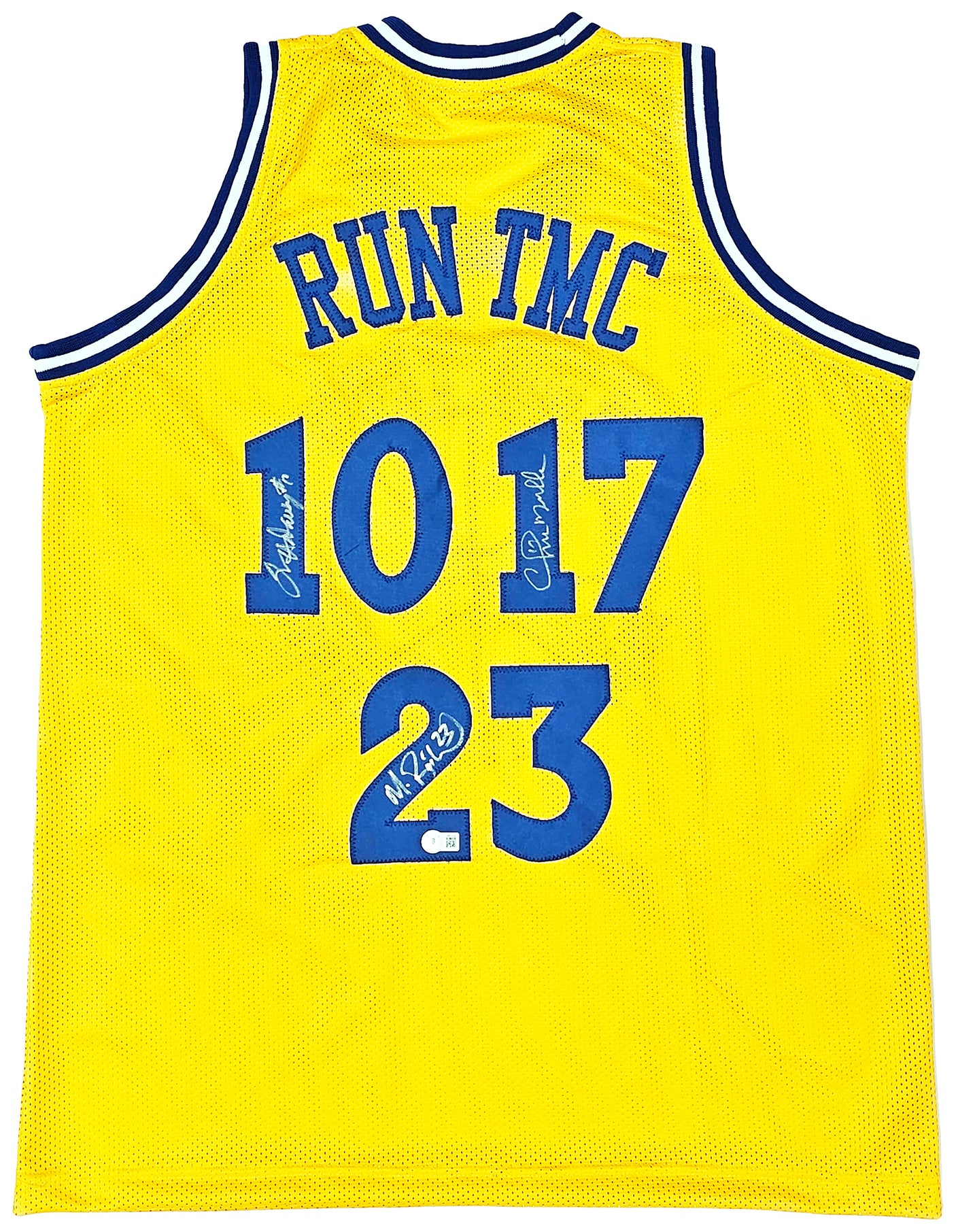 Golden State Warriors Chris Mullin, Tim Hardaway & Mitch Richmond Autographed Yellow Jersey Run TMC Beckett BAS Witness Stock #216823