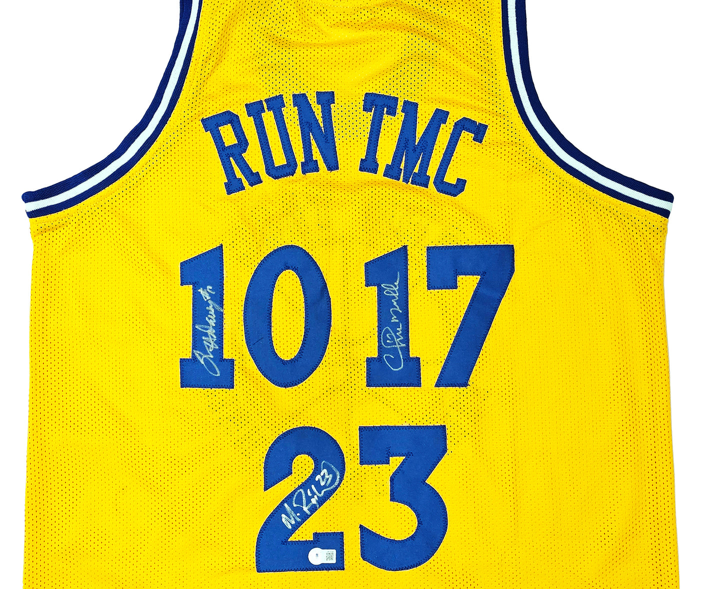 Golden State Warriors Chris Mullin, Tim Hardaway & Mitch Richmond Autographed Yellow Jersey Run TMC Beckett BAS Witness Stock #216823