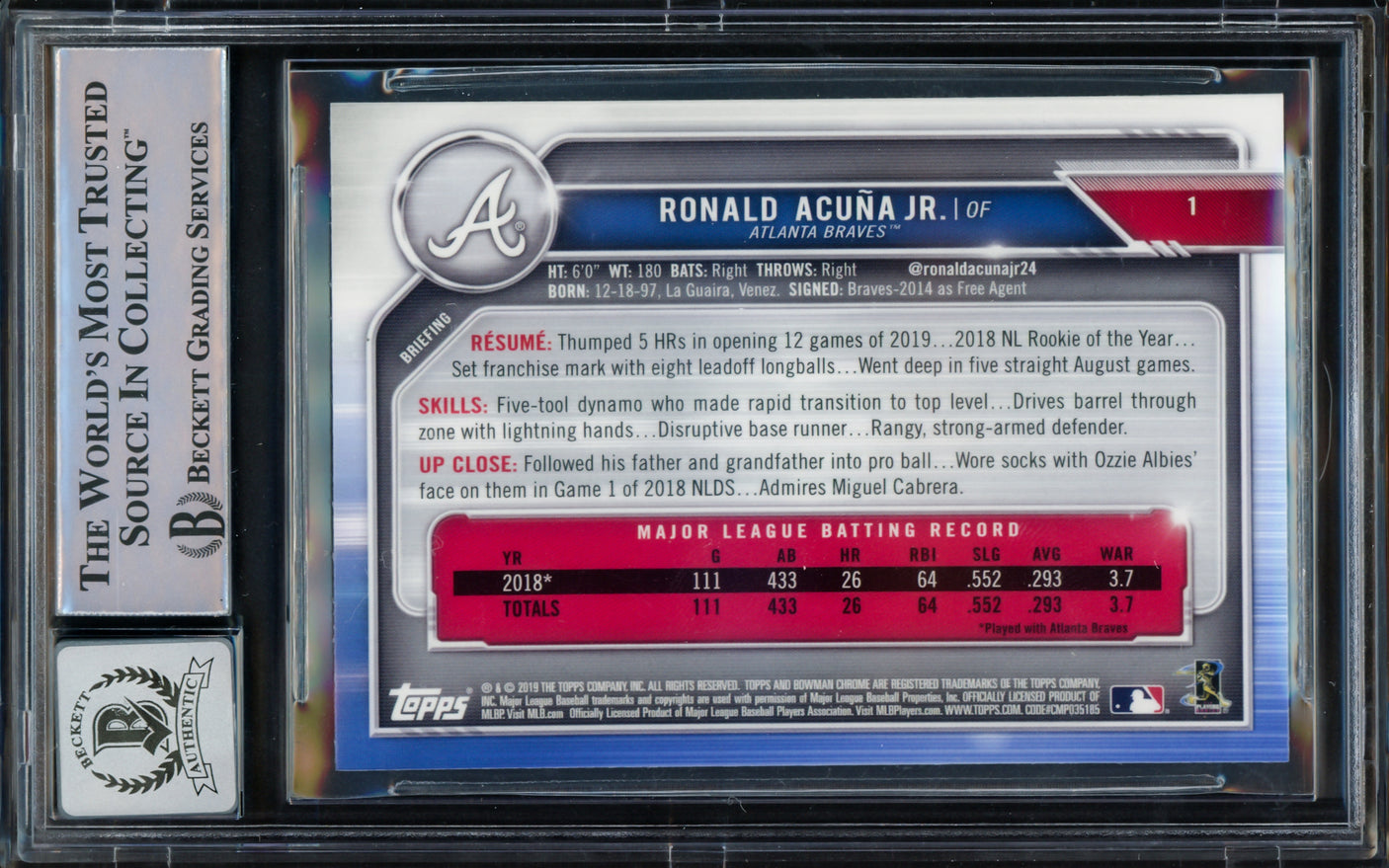 Ronald Acuna Jr. Autographed 2019 Bowman Chrome Card #1 Atlanta Braves Auto Grade Gem Mint 10 Beckett BAS #15771881