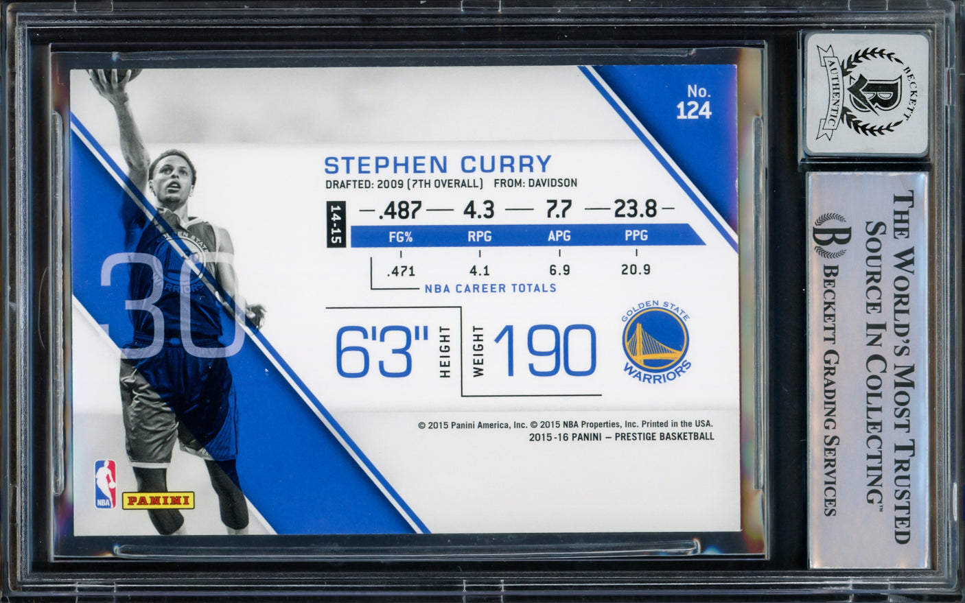 Stephen Curry Autographed 2015-16 Panini Prestige Card #124 Golden State Warriors Auto Grade Gem Mint 10 Beckett BAS #15775457