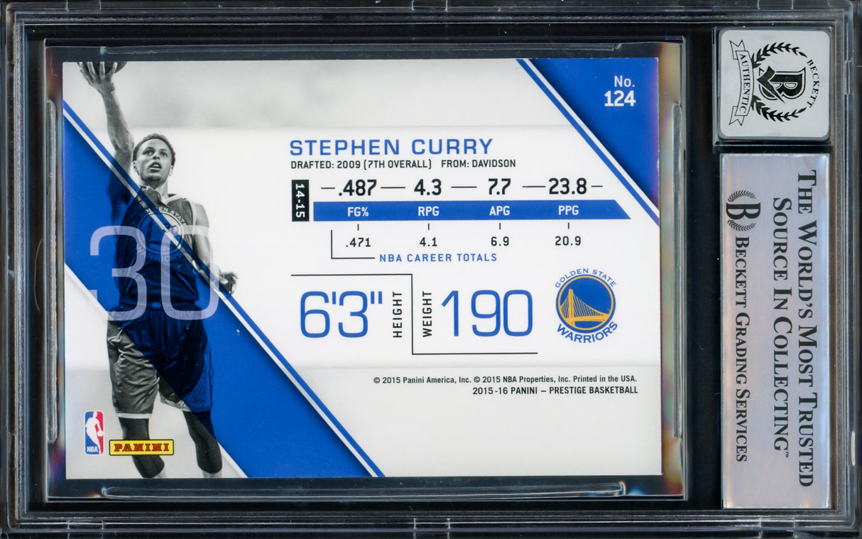 Stephen Curry Autographed 2015-16 Panini Prestige Card #124 Golden State Warriors Auto Grade Gem Mint 10 Beckett BAS #15775457