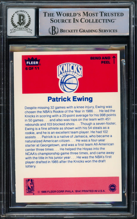 Patrick Ewing Autographed 1986-87 Fleer Sticker Rookie Card #6 New York Knicks Auto Grade Gem Mint 10 Beckett BAS #15772183