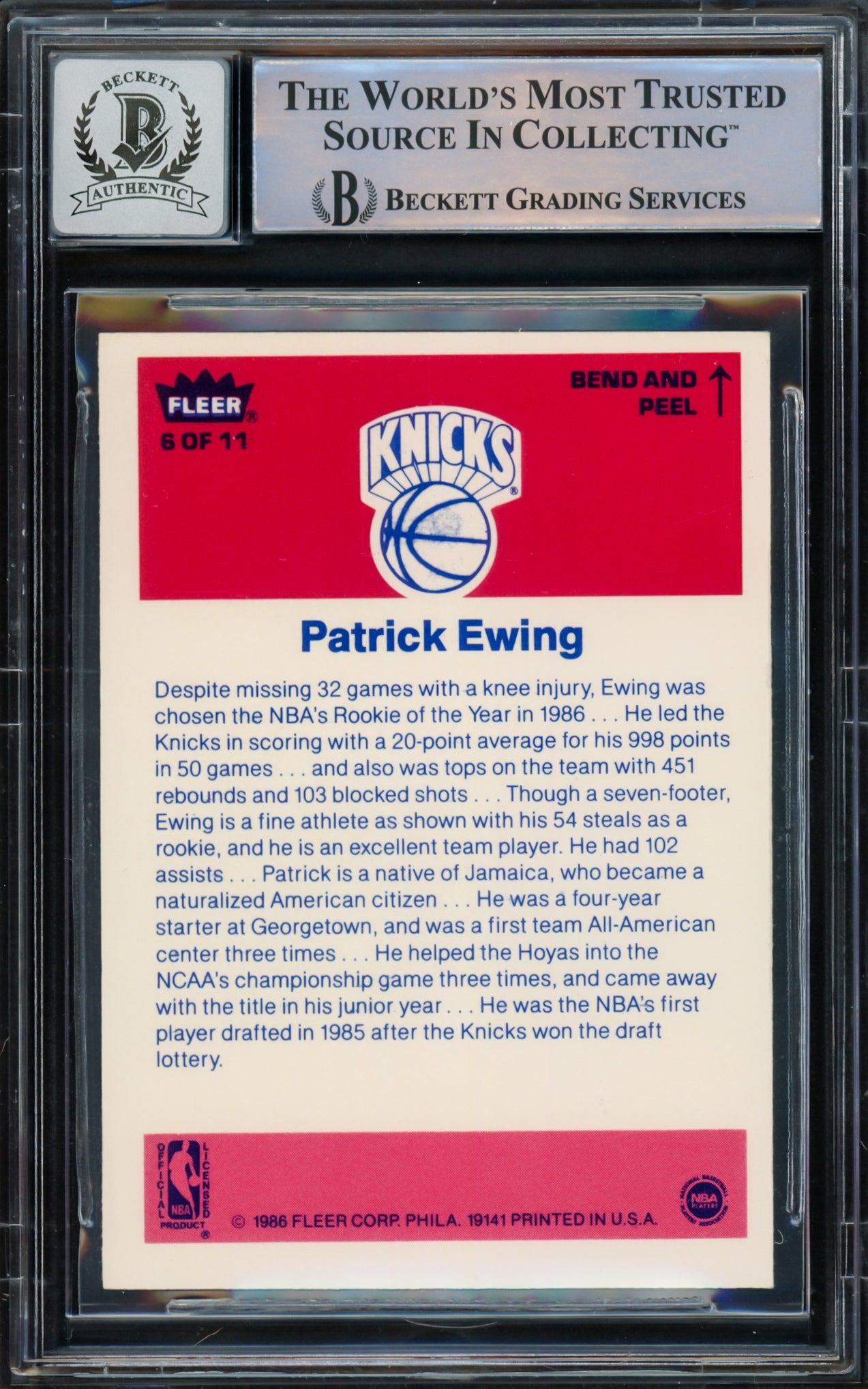Patrick Ewing Autographed 1986-87 Fleer Sticker Rookie Card #6 New York Knicks Auto Grade Gem Mint 10 Beckett BAS #15772179