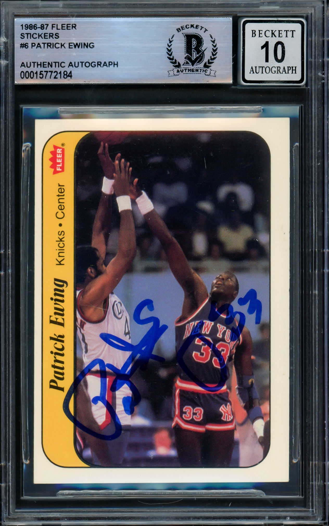 Patrick Ewing Autographed 1986-87 Fleer Sticker Rookie Card #6 New York Knicks Auto Grade Gem Mint 10 Beckett BAS #15772184