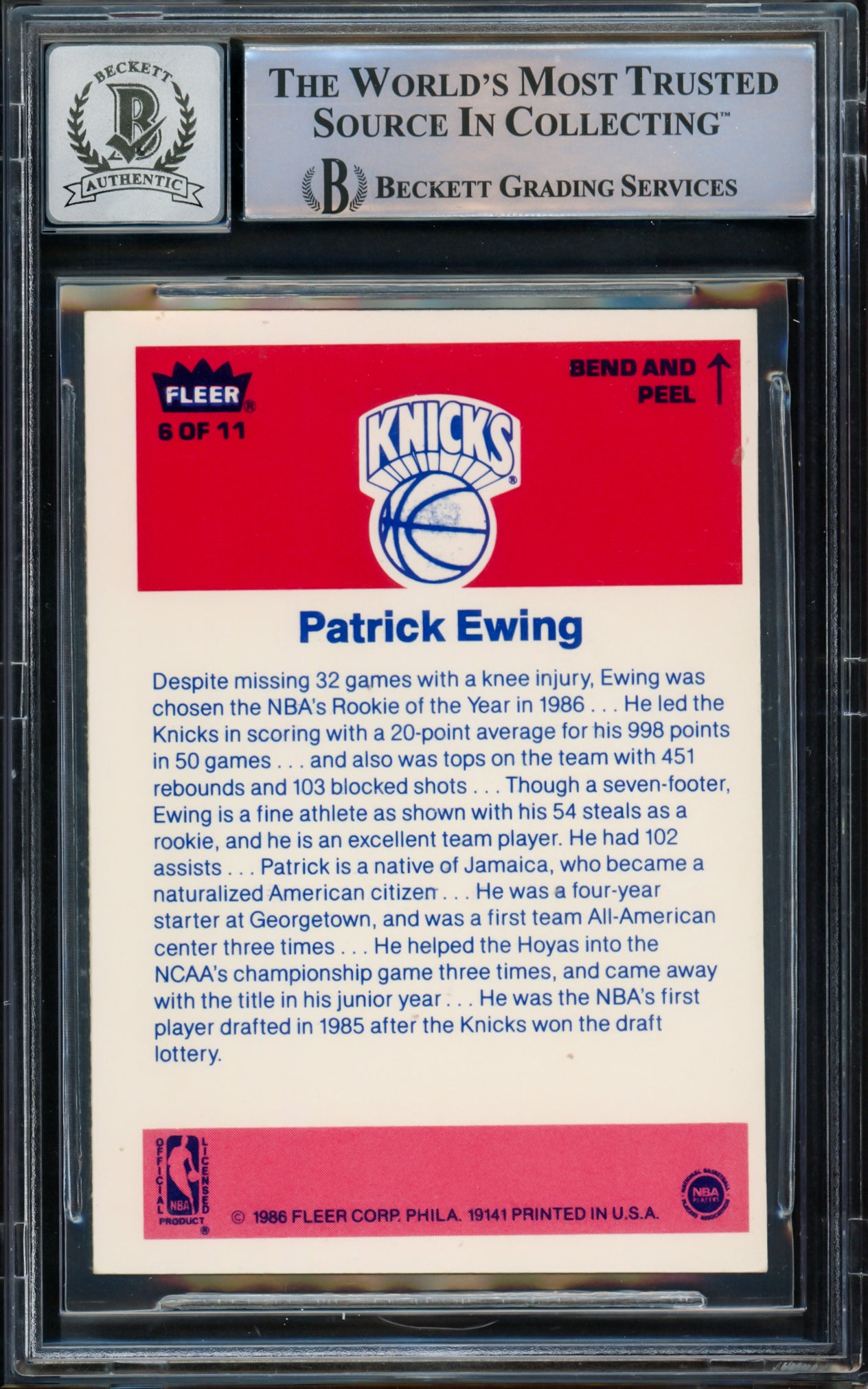 Patrick Ewing Autographed 1986-87 Fleer Sticker Rookie Card #6 New York Knicks Auto Grade Gem Mint 10 Beckett BAS #15772184