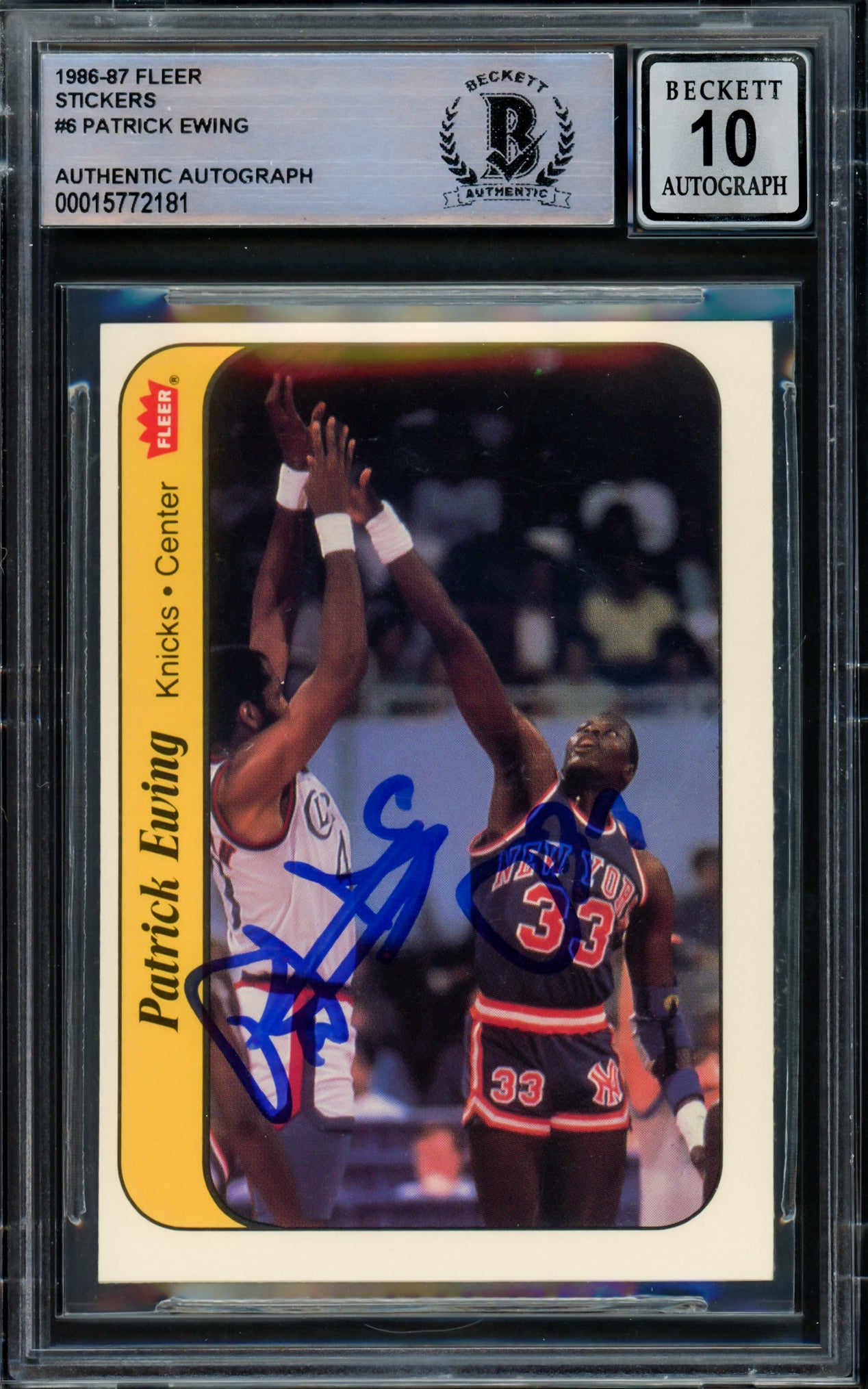 Patrick Ewing Autographed 1986-87 Fleer Sticker Rookie Card #6 New York Knicks Auto Grade Gem Mint 10 Beckett BAS #15772181