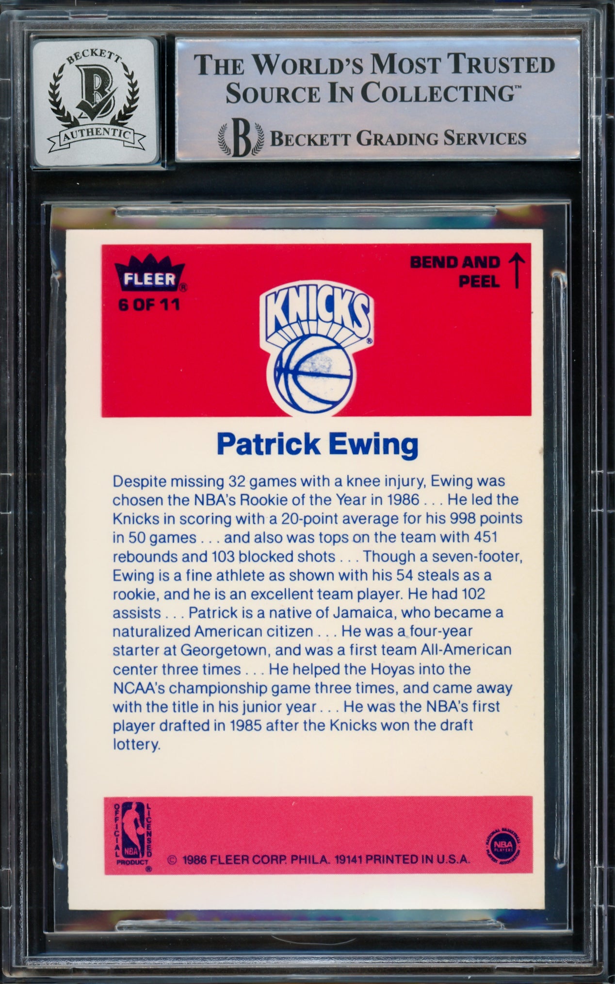 Patrick Ewing Autographed 1986-87 Fleer Sticker Rookie Card #6 New York Knicks Auto Grade Gem Mint 10 Beckett BAS #15772181