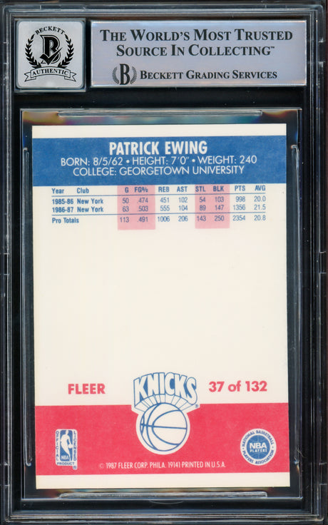 Patrick Ewing Autographed 1987-88 Fleer Card #37 New York Knicks Auto Grade Gem Mint 10 Beckett BAS #15772186