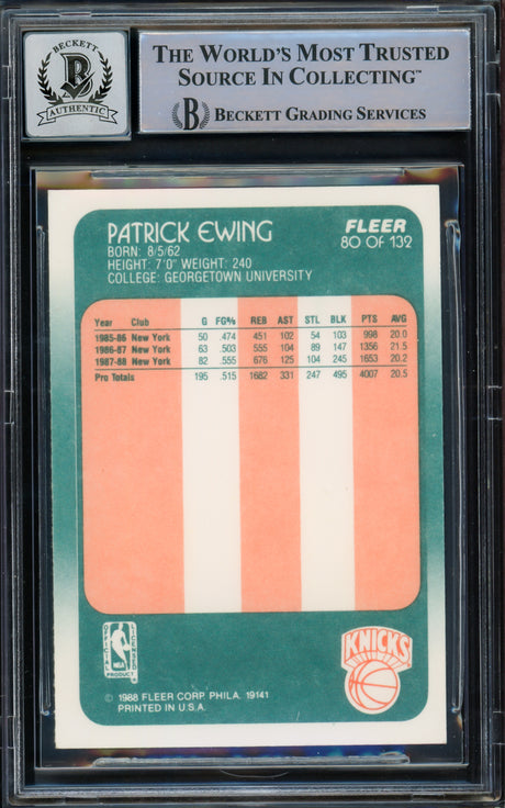 Patrick Ewing Autographed 1988-89 Fleer Card #80 New York Knicks Auto Grade Gem Mint 10 Beckett BAS #15772196