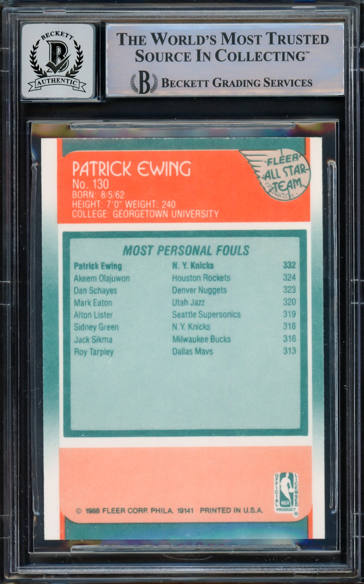 Patrick Ewing Autographed 1988-89 Fleer Card #130 New York Knicks Auto Grade Gem Mint 10 Beckett BAS #15772197