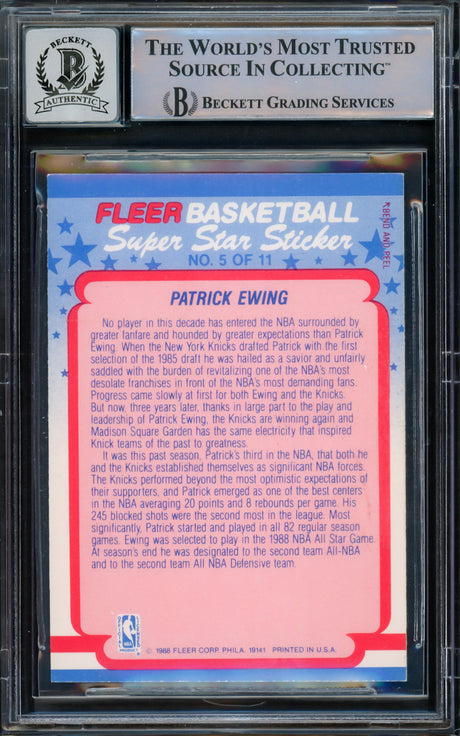 Patrick Ewing Autographed 1988-89 Fleer Sticker Card #5 New York Knicks Auto Grade Gem Mint 10 Beckett BAS #15772297