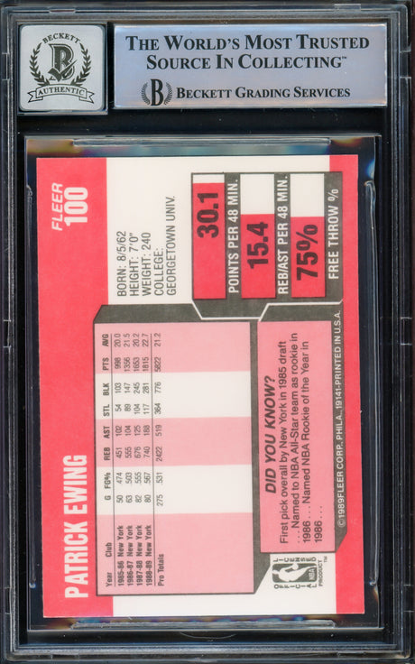 Patrick Ewing Autographed 1989-90 Fleer Card #100 New York Knicks Auto Grade Gem Mint 10 Beckett BAS #15772299