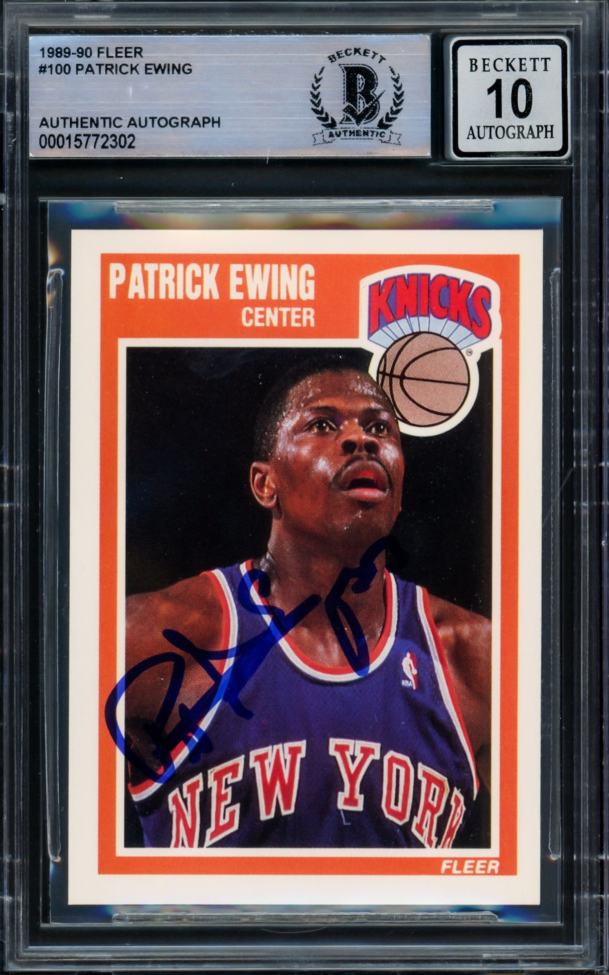 Patrick Ewing Autographed 1989-90 Fleer Card #100 New York Knicks Auto Grade Gem Mint 10 Beckett BAS #15772302