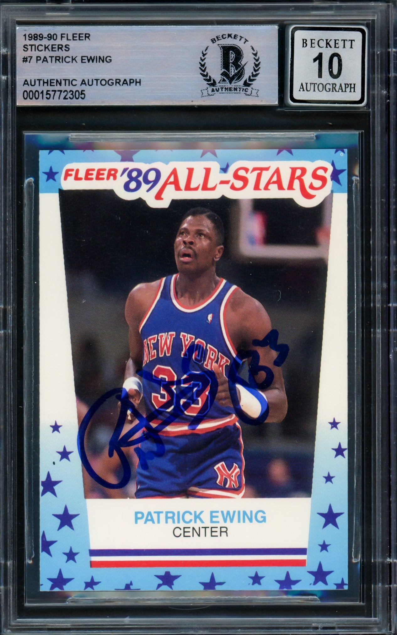 Patrick Ewing Autographed 1989-90 Fleer Sticker Card #7 New York Knicks Auto Grade Gem Mint 10 Beckett BAS #15772305