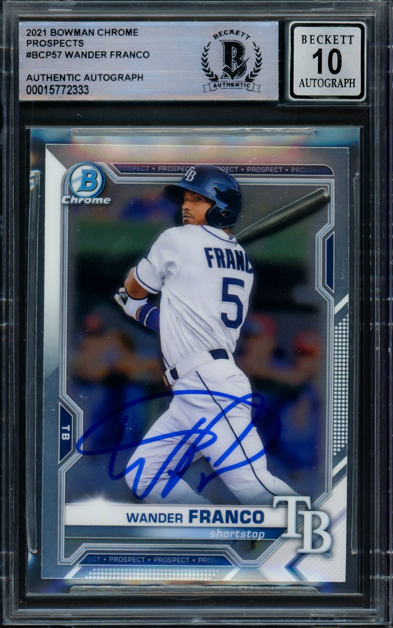 Wander Franco Autographed 2021 Bowman Chrome Rookie Card #BCP57 Tampa Bay Rays Auto Grade Gem Mint 10 Beckett BAS #15772333