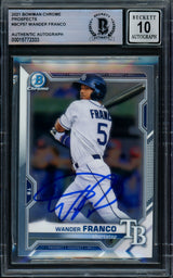 Wander Franco Autographed 2021 Bowman Chrome Rookie Card #BCP57 Tampa Bay Rays Auto Grade Gem Mint 10 Beckett BAS #15772333