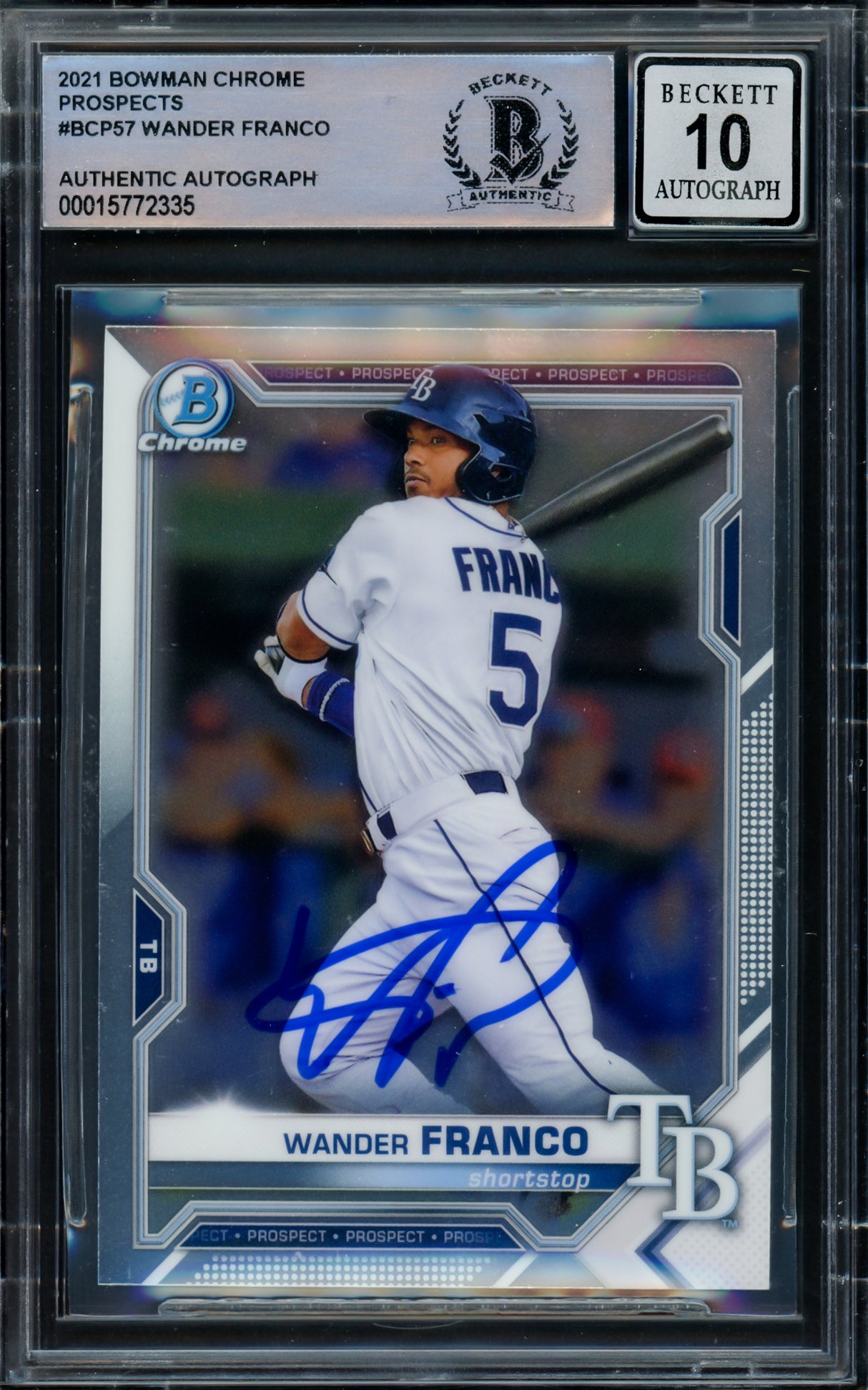 Wander Franco Autographed 2021 Bowman Chrome Rookie Card #BCP57 Tampa Bay Rays Auto Grade Gem Mint 10 Beckett BAS #15772335