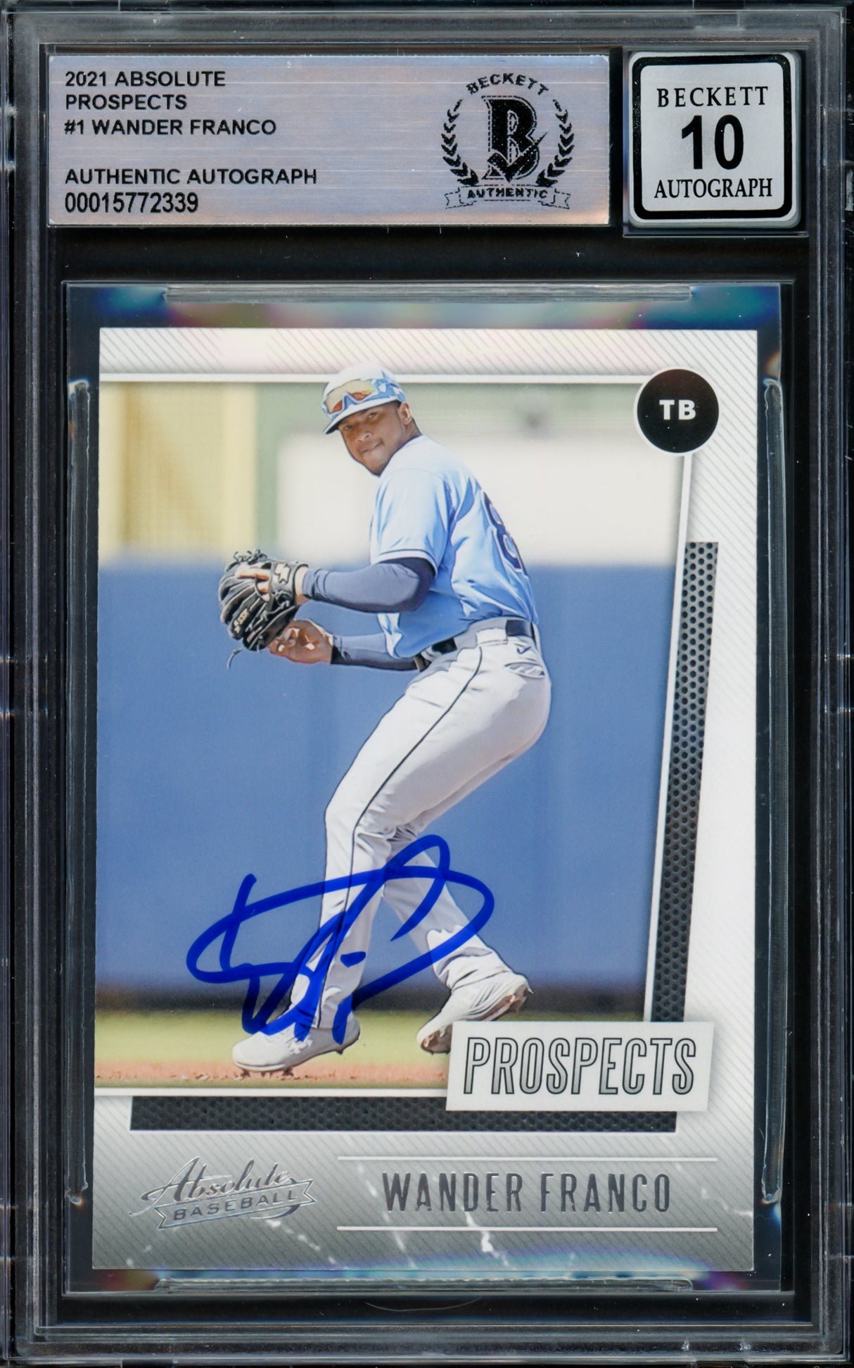 Wander Franco Autographed 2021 Panini Absolute Prospects Rookie Card #P-1 Tampa Bay Rays Auto Grade Gem Mint 10 Beckett BAS #15772339