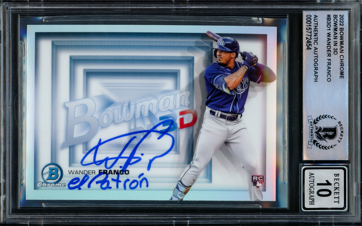 Wander Franco Autographed 2022 Bowman Chrome 3D Rookie Card #B3D1 Tampa Bay Rays Auto Grade Gem Mint 10 "El Patron" Beckett BAS #15772454