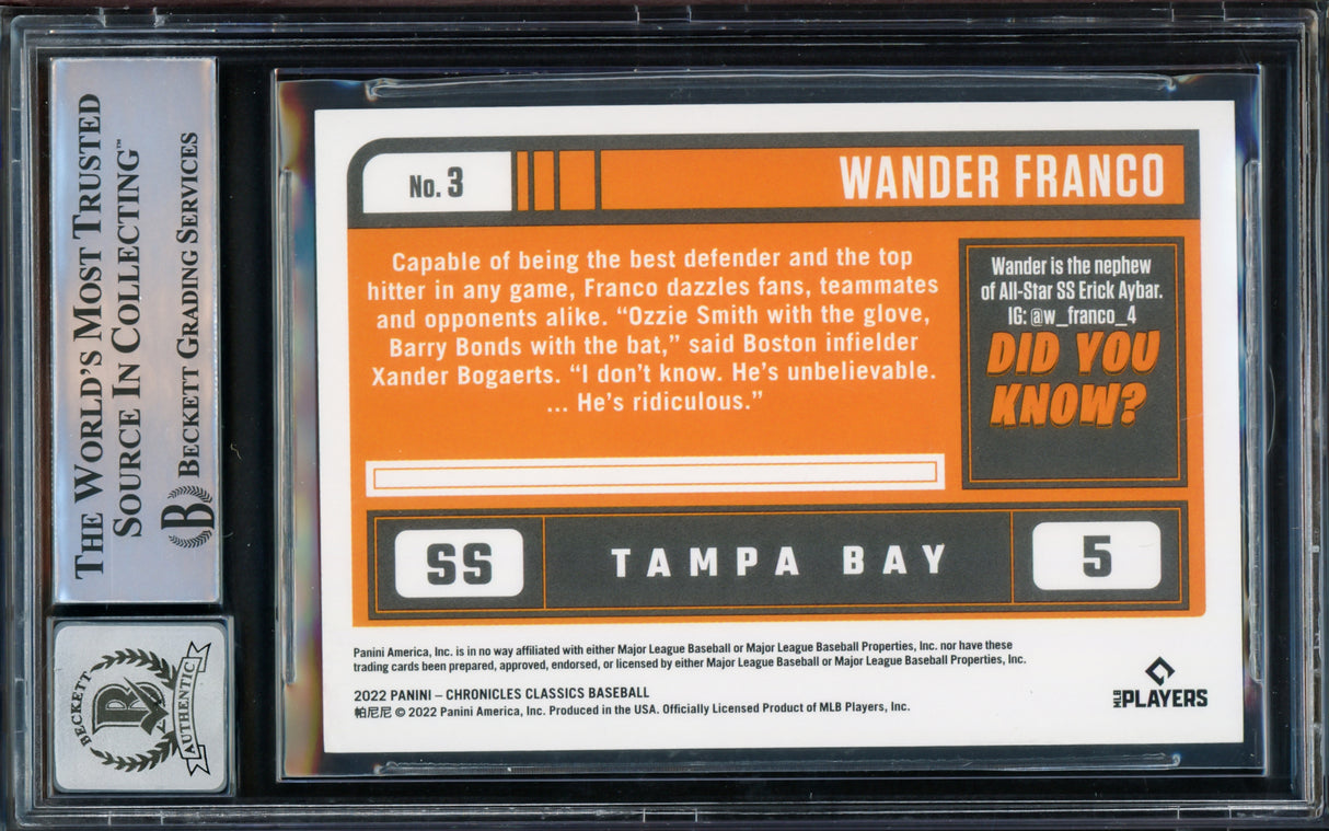 Wander Franco Autographed 2022 Panini Chronicles Classic Rookie Card #3 Tampa Bay Rays Auto Grade Gem Mint 10 Beckett BAS #15772455