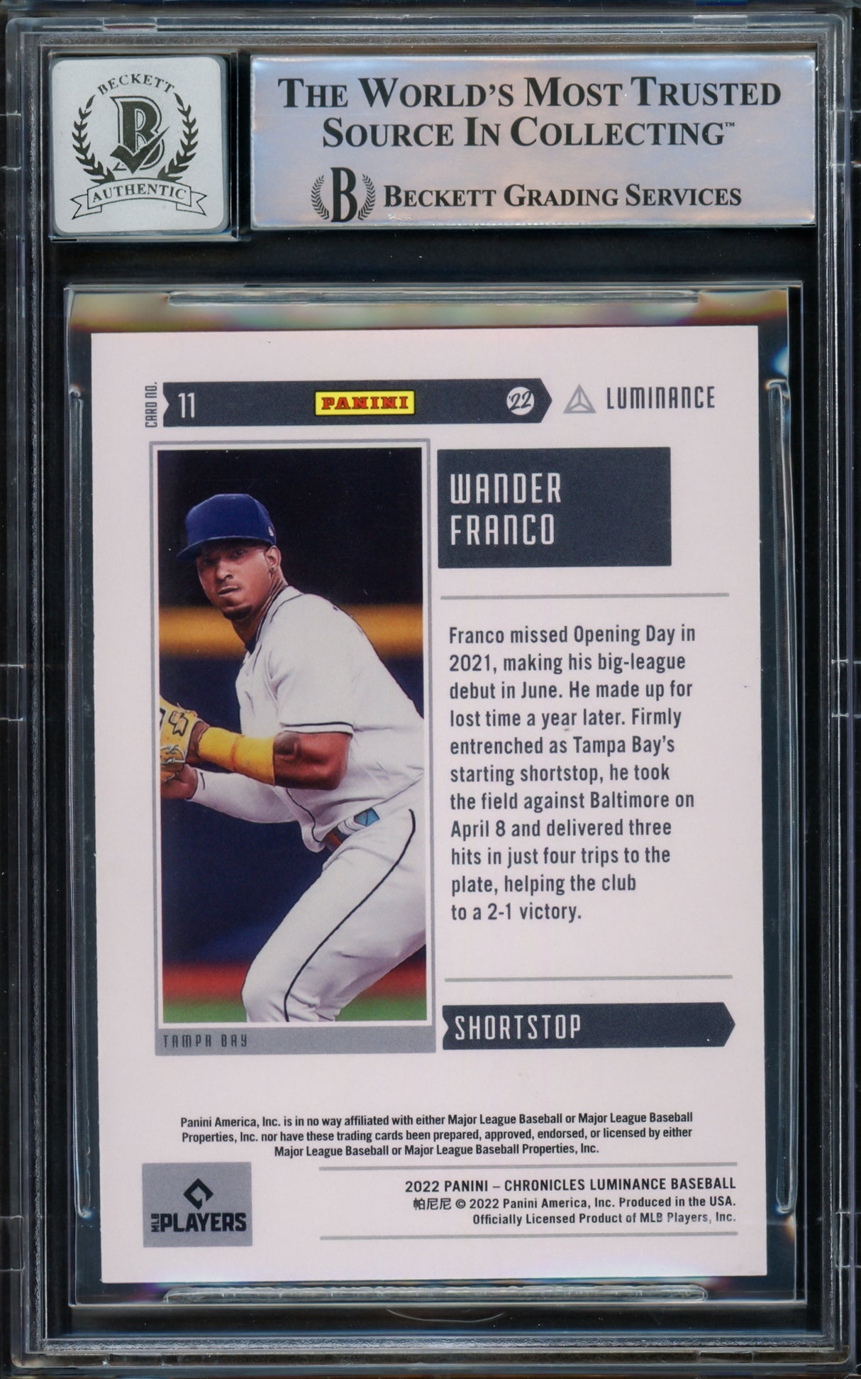 Wander Franco Autographed 2022 Panini Chronicles Luminance Rookie Card #11 Tampa Bay Rays Auto Grade Gem Mint 10 Beckett BAS #15772456