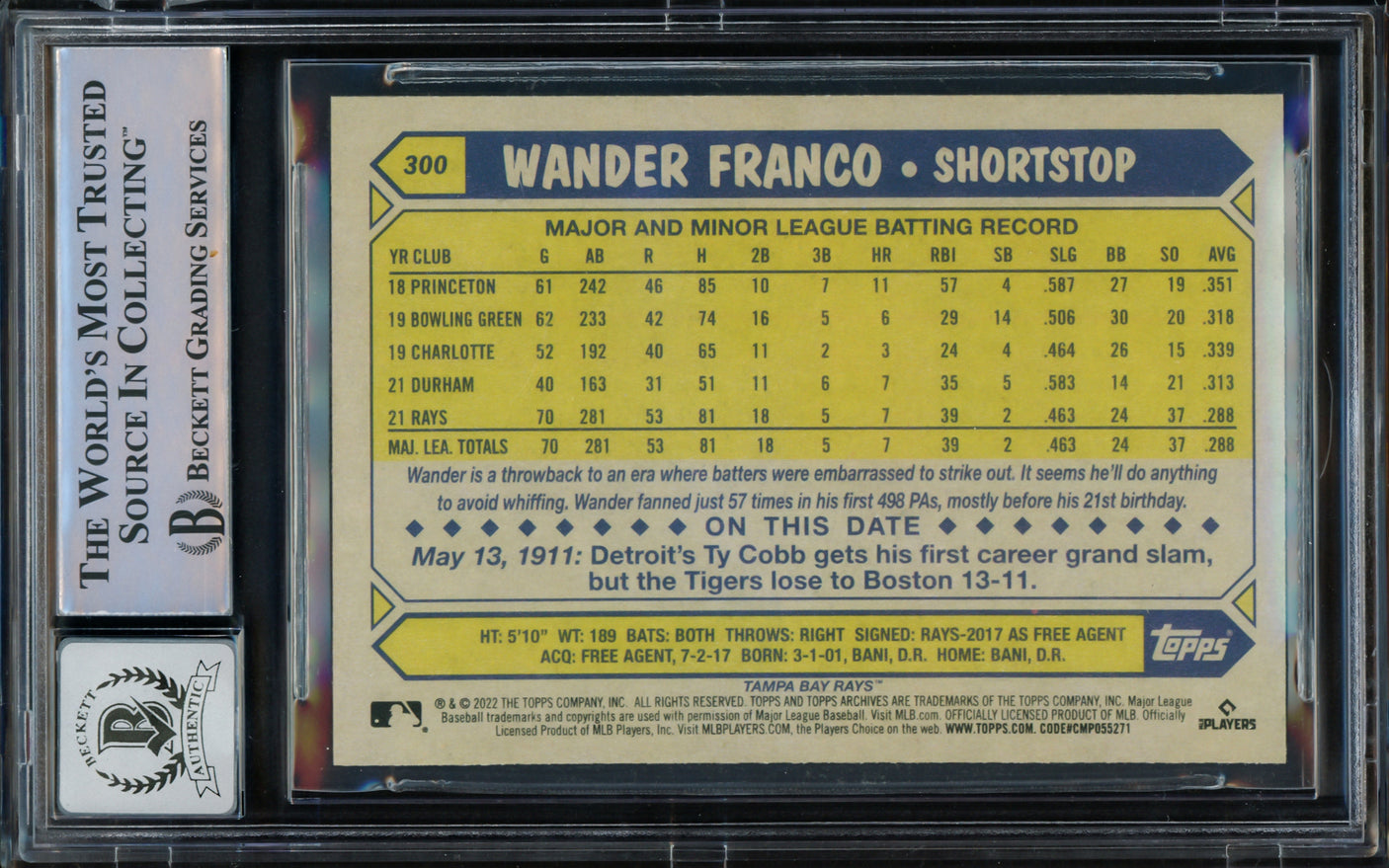 Wander Franco Autographed 2022 Topps Archives Rookie Card #300 Tampa Bay Rays Auto Grade Gem Mint 10 Beckett BAS #15772577