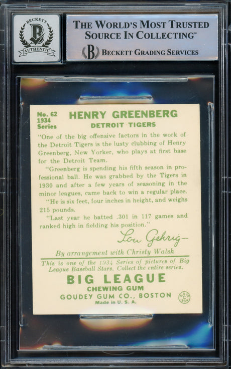Hank Greenberg Autographed 1985 1934 Goudey Reprint Rookie Card #62 Detroit Tigers Auto Grade Gem Mint 10 Beckett BAS #15772584