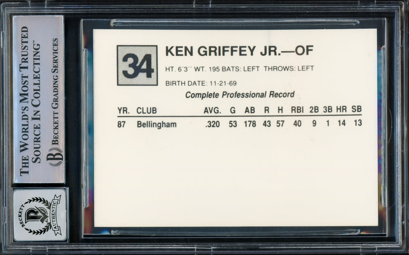 Ken Griffey Jr. Autographed 1988 Cal Cards Rookie Card #34 San Bernardino Spirit Auto Grade Gem Mint 10 Vintage Rookie Signature Beckett BAS #15772588