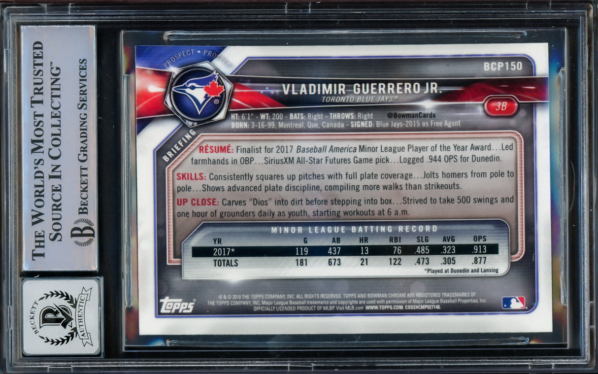 Vladimir Guerrero Jr. Autographed 2018 Bowman Chrome Rookie Card #BCP150 Toronto Blue Jays Auto Grade Gem Mint 10 Beckett BAS #15772714