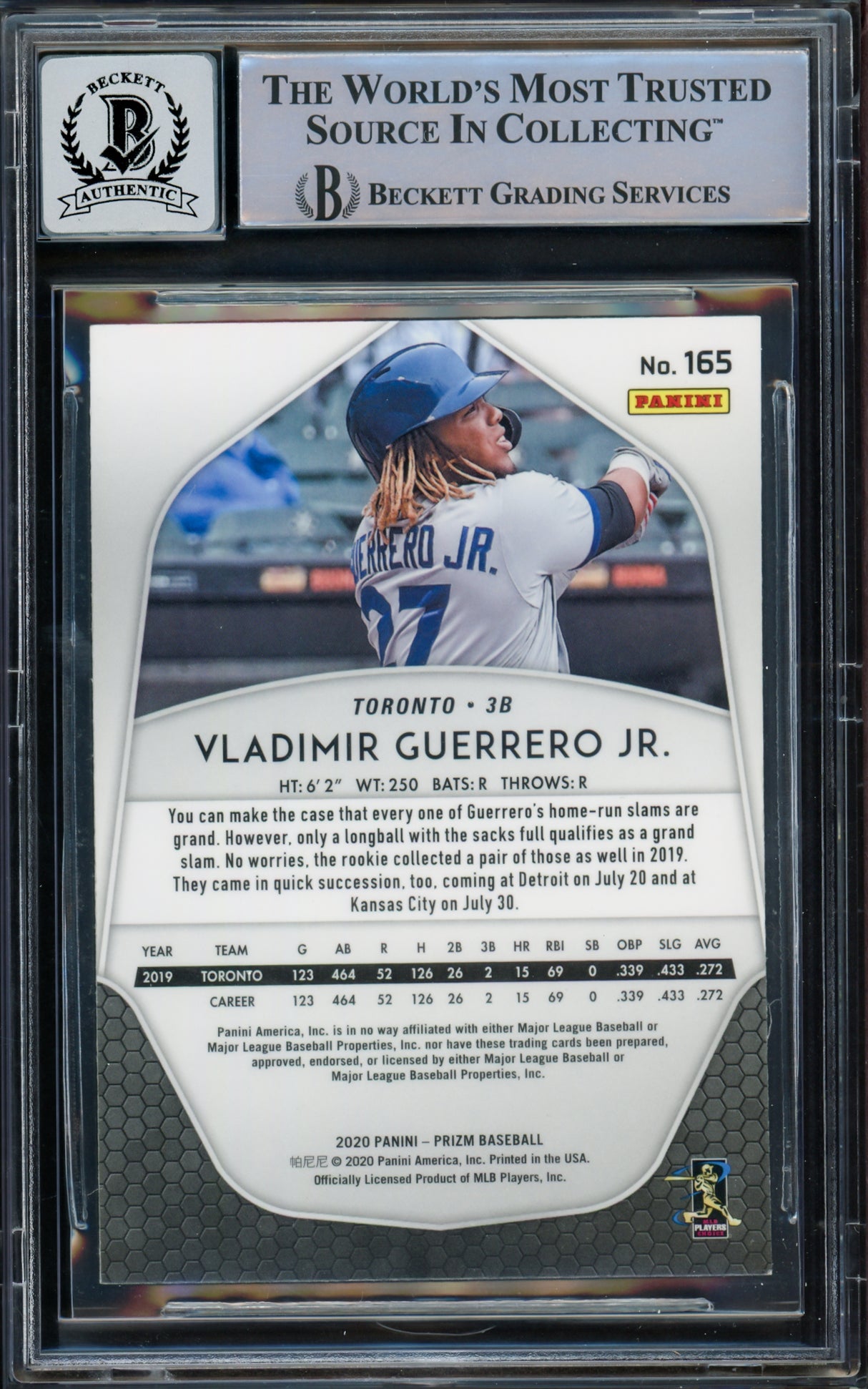 Vladimir Guerrero Jr. Autographed 2020 Panini Prizm Card #165 Toronto Blue Jays Auto Grade Gem Mint 10 Beckett BAS #15772723