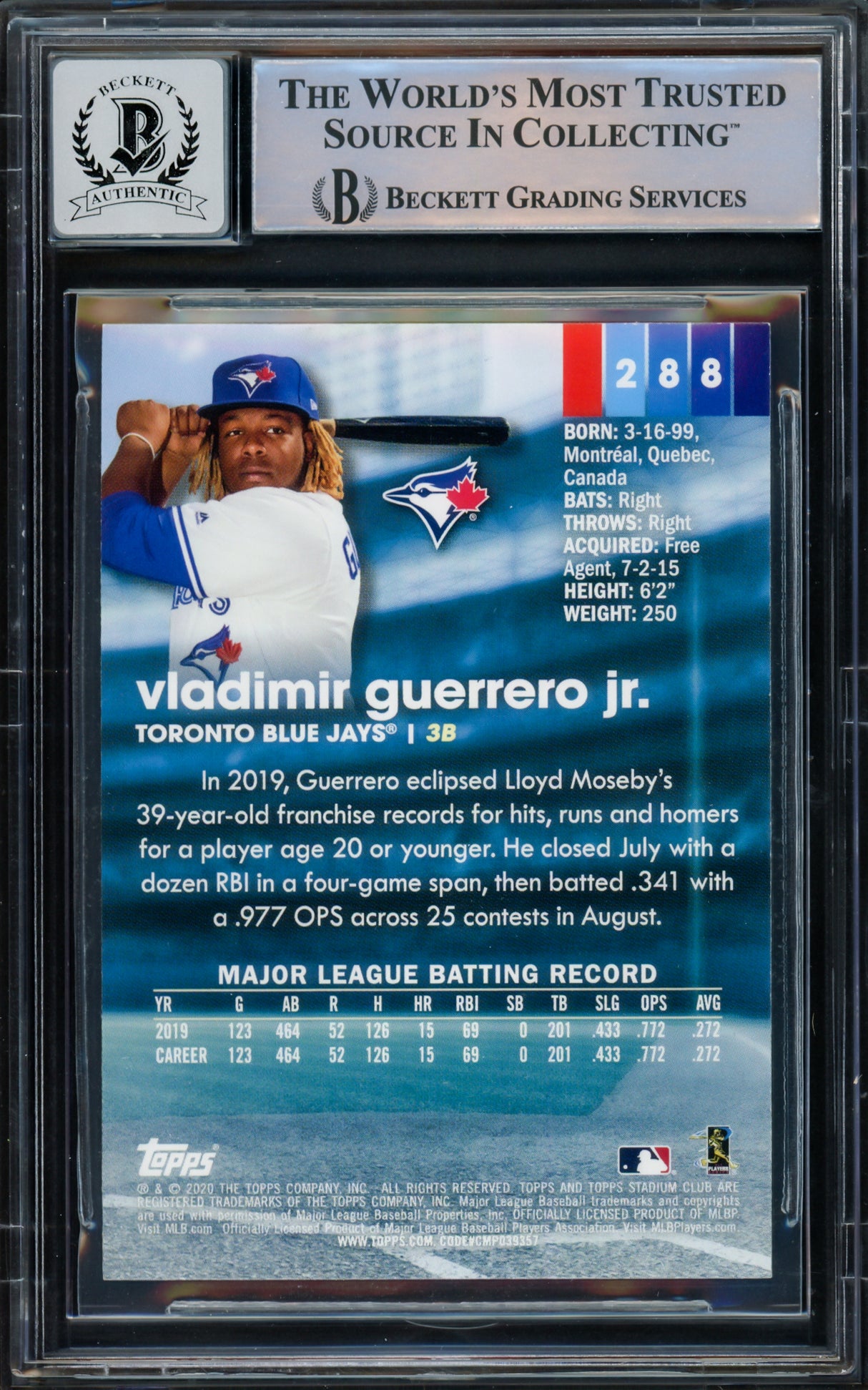 Vladimir Guerrero Jr. Autographed 2020 Stadium Club Card #288 Toronto Blue Jays Auto Grade Gem Mint 10 Beckett BAS #15772724