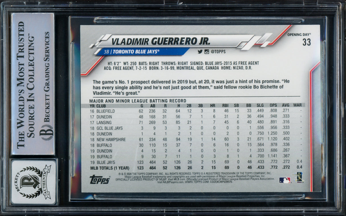 Vladimir Guerrero Jr. Autographed 2020 Topps Opening Day Card #33 Toronto Blue Jays Auto Grade Gem Mint 10 Beckett BAS #15772768