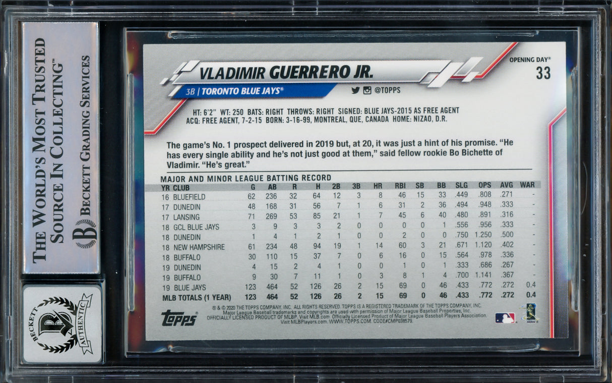 Vladimir Guerrero Jr. Autographed 2020 Topps Opening Day Card #33 Toronto Blue Jays Auto Grade Gem Mint 10 Beckett BAS #15772770