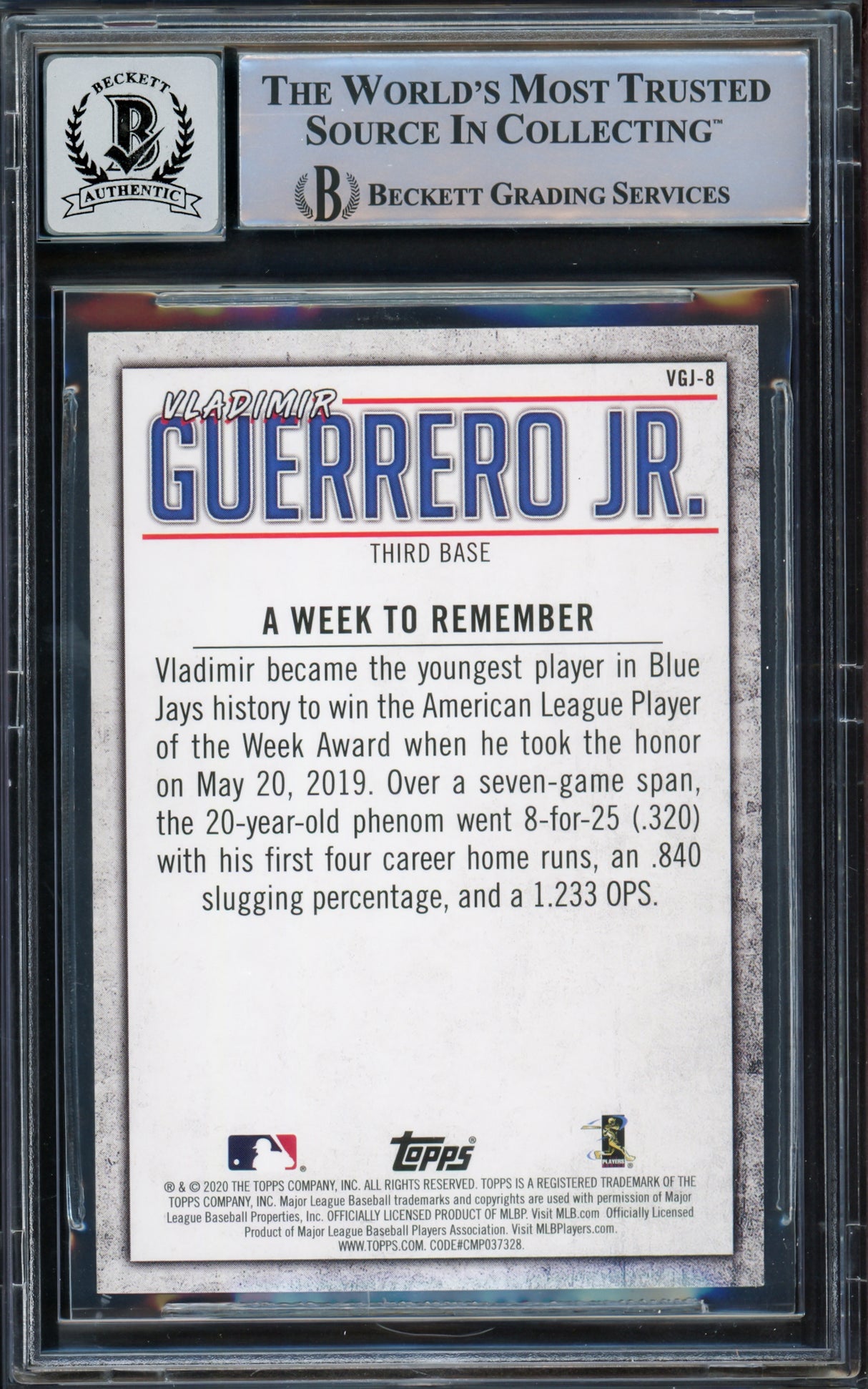 Vladimir Guerrero Jr. Autographed 2020 Topps Highlights Card #VGJ-8 Toronto Blue Jays Auto Grade Gem Mint 10 Beckett BAS #15772889
