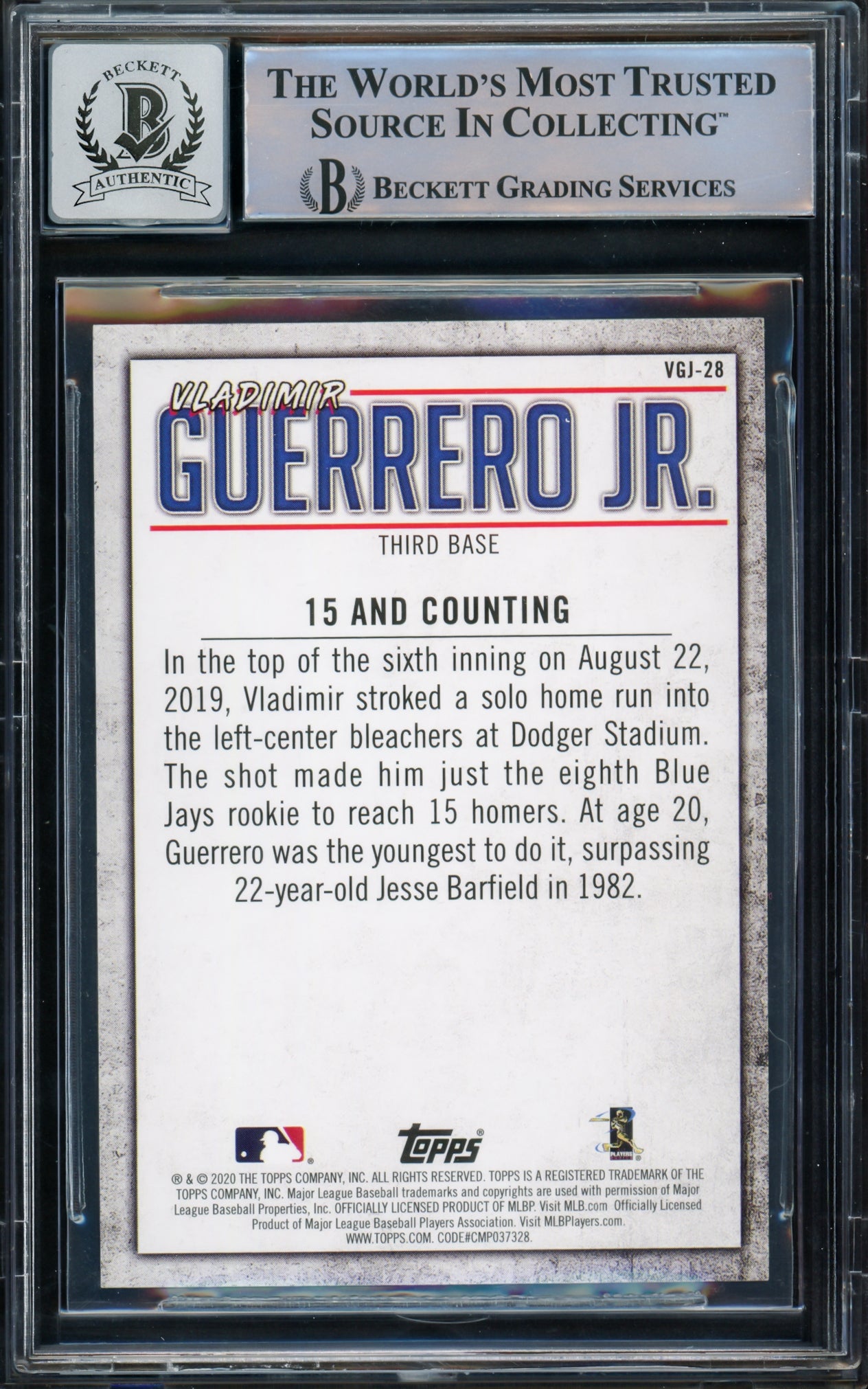 Vladimir Guerrero Jr. Autographed 2020 Topps Highlights Card #VGJ-28 Toronto Blue Jays Auto Grade Gem Mint 10 Beckett BAS #15772910