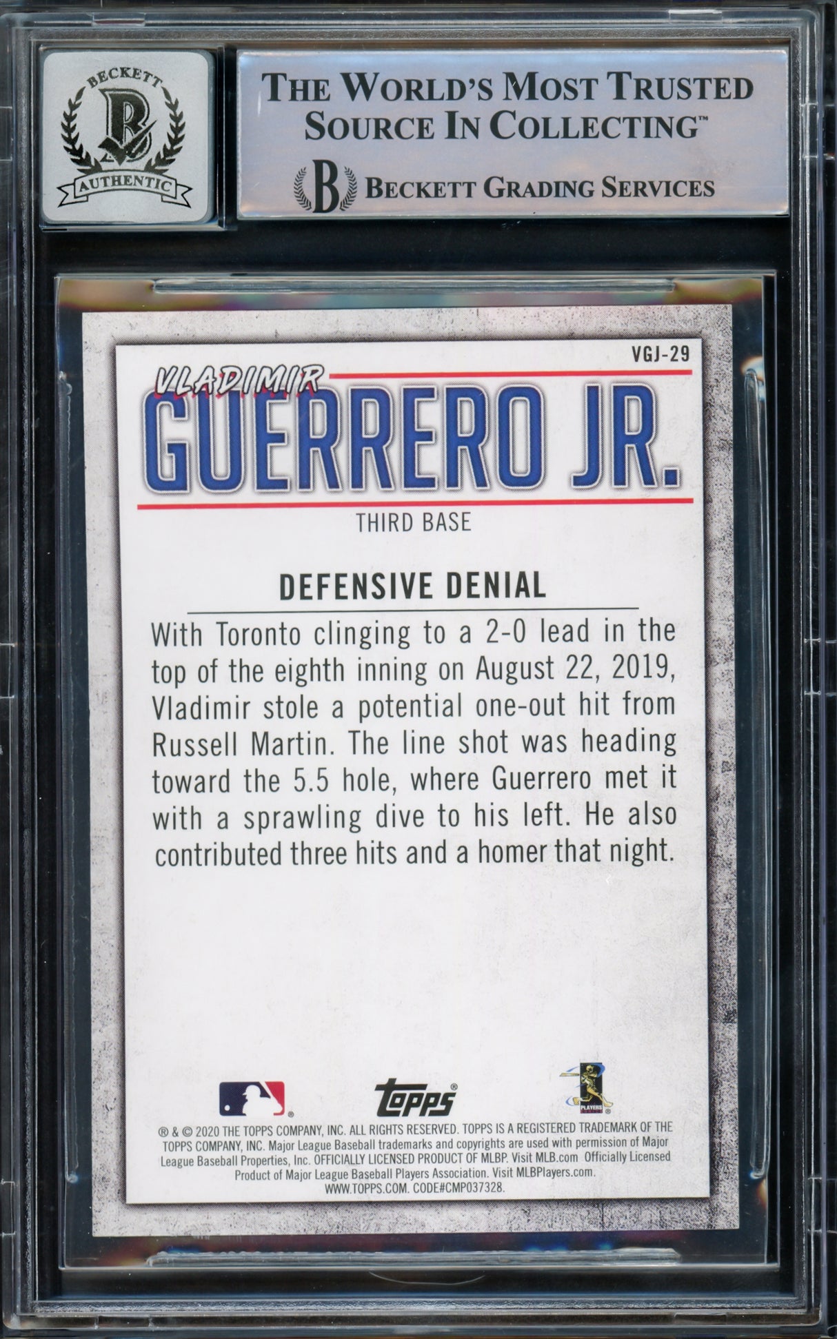 Vladimir Guerrero Jr. Autographed 2020 Topps Highlights Card #VGJ-29 Toronto Blue Jays Auto Grade Gem Mint 10 Beckett BAS #15772911