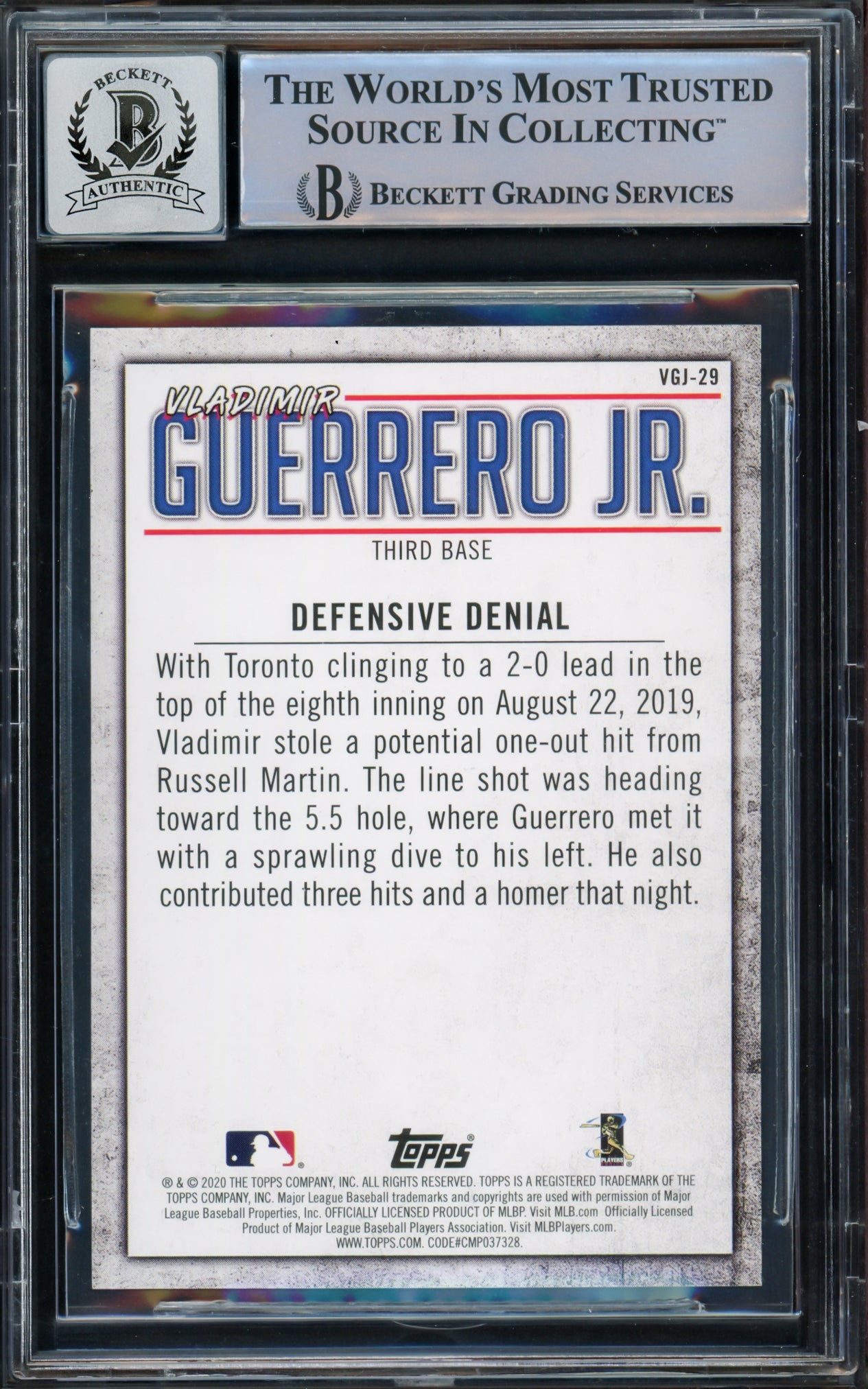 Vladimir Guerrero Jr. Autographed 2020 Topps Highlights Card #VGJ-29 Toronto Blue Jays Auto Grade Gem Mint 10 Beckett BAS #15772913