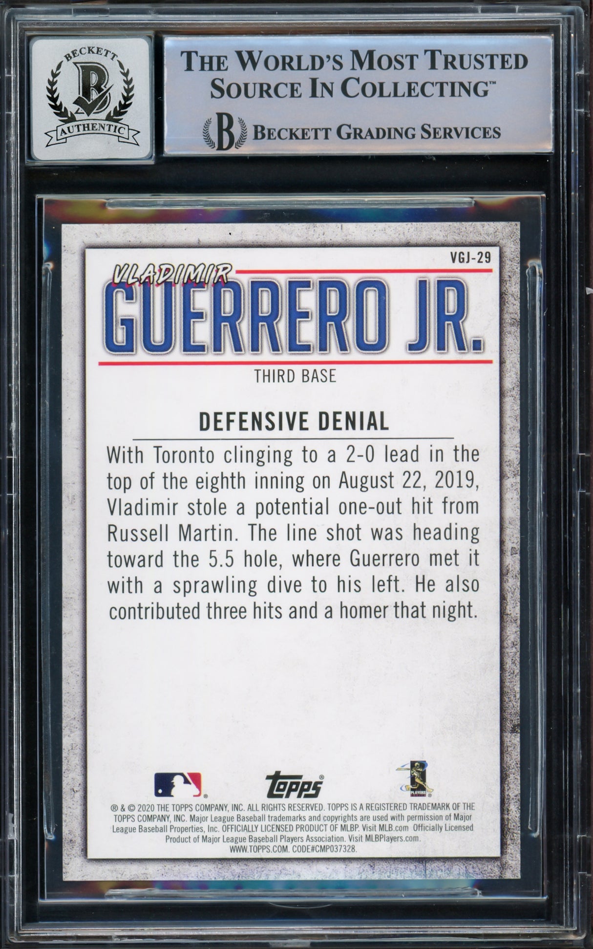 Vladimir Guerrero Jr. Autographed 2020 Topps Highlights Card #VGJ-29 Toronto Blue Jays Auto Grade Gem Mint 10 Beckett BAS #15772913