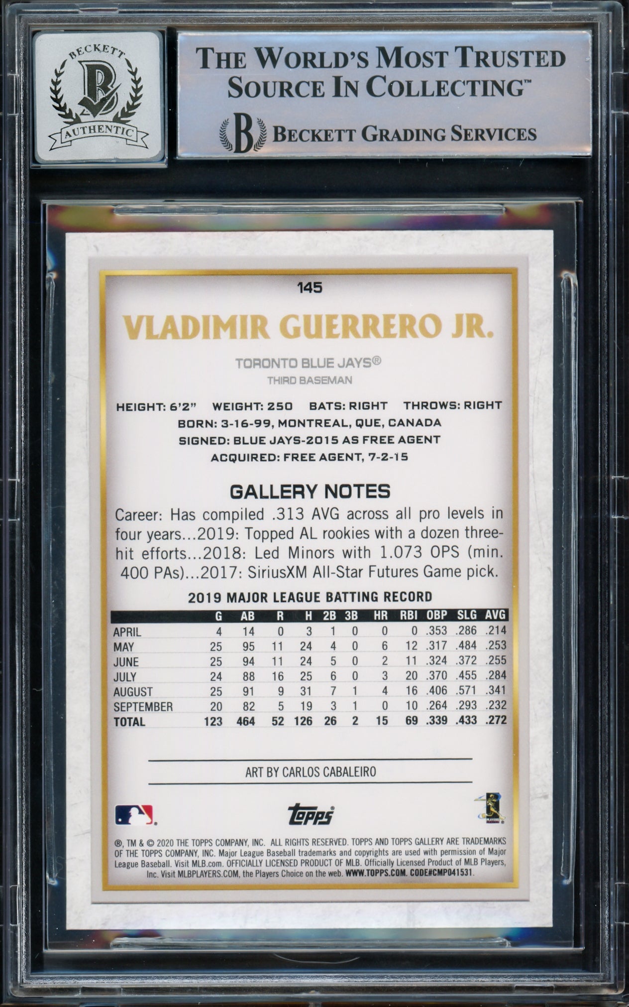 Vladimir Guerrero Jr. Autographed 2020 Topps Gallery Card #145 Toronto Blue Jays Auto Grade Gem Mint 10 Beckett BAS #15772915