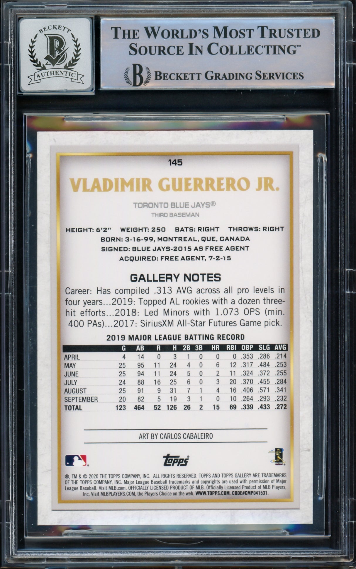 Vladimir Guerrero Jr. Autographed 2020 Topps Gallery Card #145 Toronto Blue Jays Auto Grade Gem Mint 10 Beckett BAS #15772915