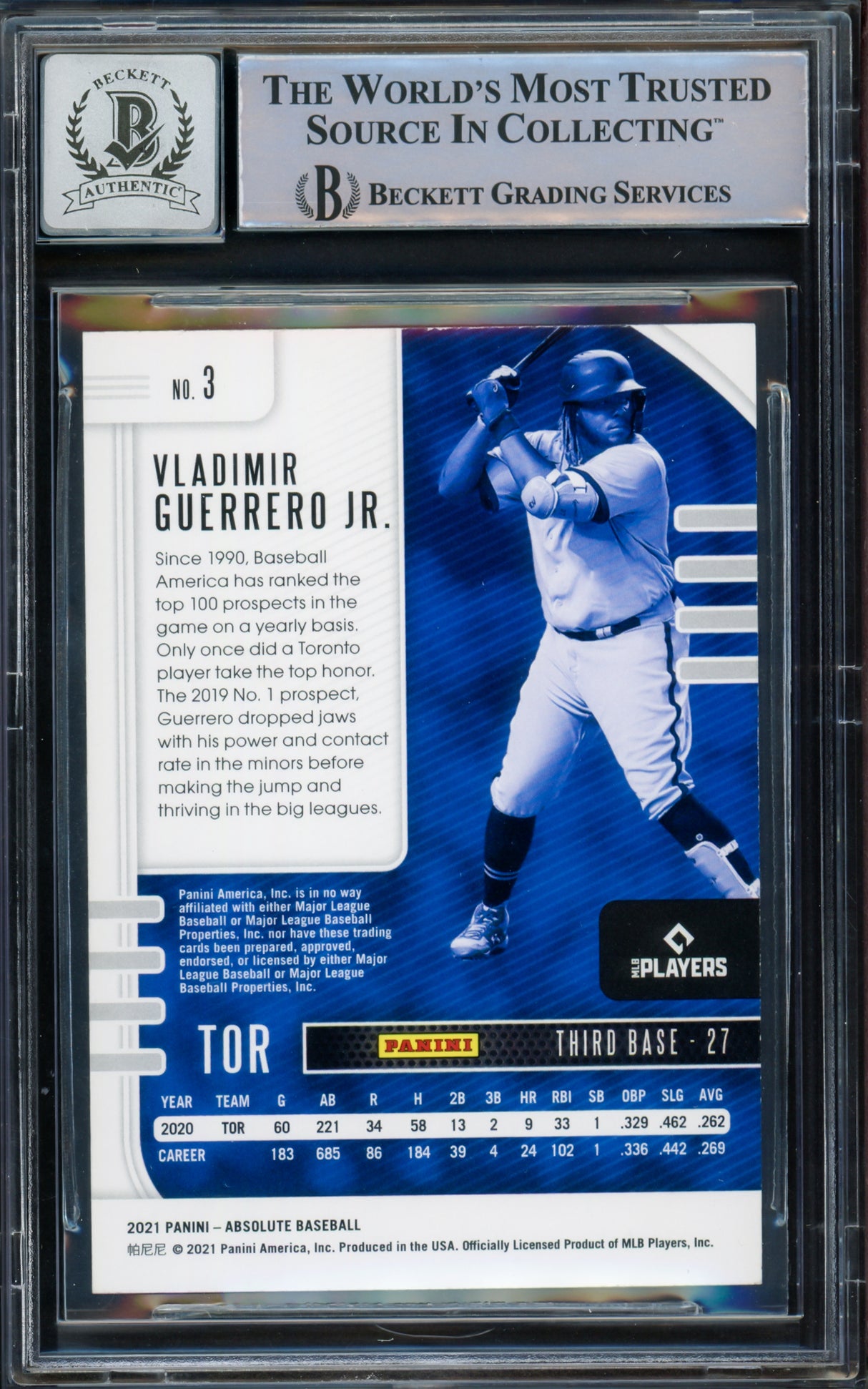 Vladimir Guerrero Jr. Autographed 2021 Panini Absolute Card #3 Toronto Blue Jays Auto Grade Gem Mint 10 Beckett BAS #15772949